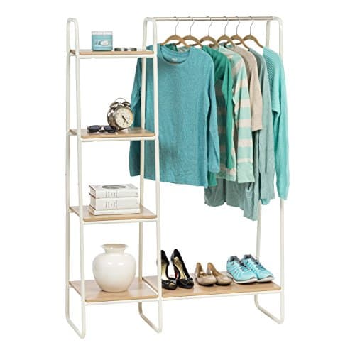IRIS USA Clothes Rack for Hanging Clothes with 4 Wood Shelves, Freestanding Clothing Rack, Easy to Assemble Garment Rack, Metal, Sturdy Design, Multipurpose, Small Space Storage Solution, White 9