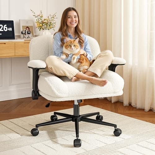 DurayLoly Criss Cross Chair with Wheels,Wide Cross Legged Office Chair with Flip-Up Arms,White Vanity Chair with Extra-Deep Seat Thickened for Home Office,Vanity, Apartment Dorms,Plush Cushion,Comfy