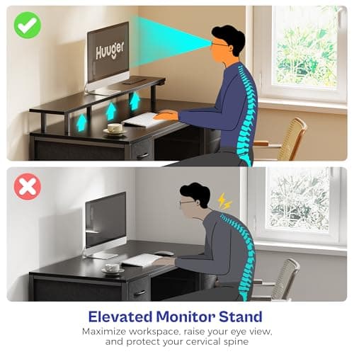 Huuger 47 inch Computer Desk with 4 Drawers, Gaming Desk with LED Lights & Power Outlets, Home Office Desk with Large Storage Space for Bedroom, Work from Home, Black 7