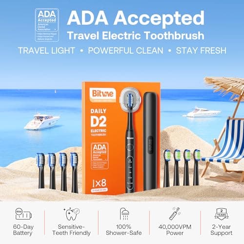 Bitvae ADA Accepted Electric Toothbrush, Travel Toothbrush Rechargeable for Adults and Kids, 60-Day Battery, 5 Modes, 8 Heads, Portable Travel Case & Holder, Shadow Black 2
