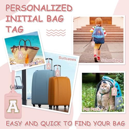 Initial Luggage Tags for Suitcases, Cute Letter Luggage Bag Suitcase Identifier Name Baggage Tag, PU Leather Travel Luggage Tags, Bag Tags for Men Women Kids Luggage Handbags Schoolbags(Pink-White A) 5