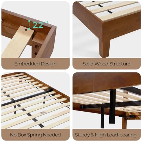 LINSY Queen Bed Frame, Wood Platform Bed Frame with Headboard, Solid Wood Bed with Wood Slat Support, No Box Spring Needed, Easy Assembly, Walnut, Queen 6