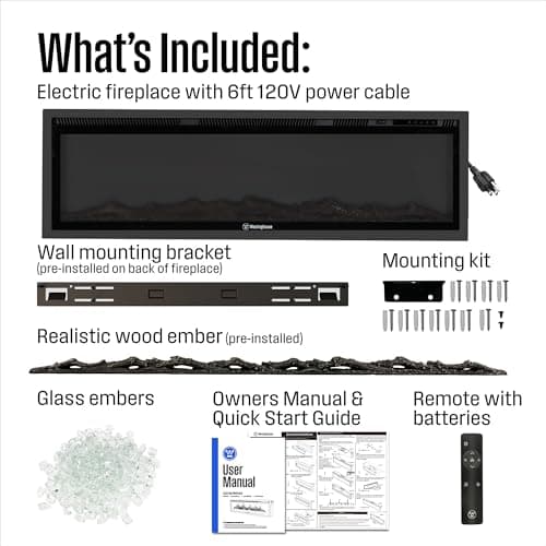 Westinghouse 60 Inch Electric Fireplace Heater, Compatible with Alexa & Google Home, Wall Mount or in-Wall Recessed Fireplace Insert, 24 Hour Timer, Color Changing Flames, 750W/1500W Indoor Heater 9