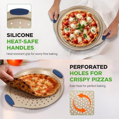 NutriChef 3-Piece Pizza Tray Set with Silicone Handles - Round Nonstick Pizza Pan with Perforated Holes, Durable Carbon Steel, Small, Medium, Large Sizes - Ideal for Crispy, Evenly Baked Pizzas (Gold) 7
