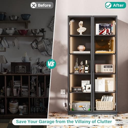 SISESOL Display Cabinet with Glass Doors and Light,Glass Display Cabinet,Dark Grey Storage Cabinets,Curio Bookcase with 5 Shelves for Collectibles,Home,Office,Living Room 7