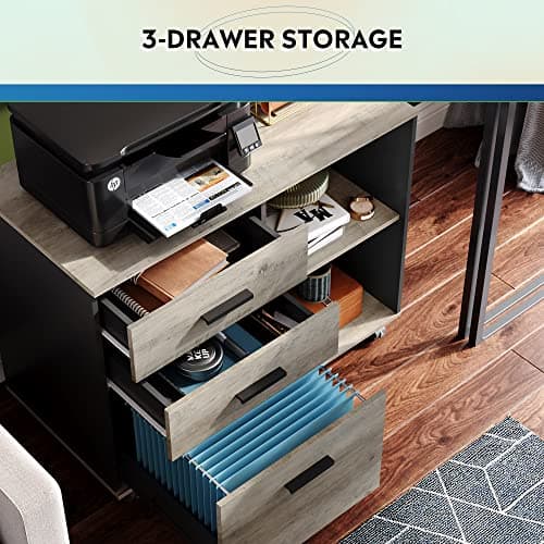 DEVAISE 3 Drawer Mobile File Cabinet, Wood Lateral Filing Cabinet, Printer Stand with Open Shelves for Home Office, Greige 5