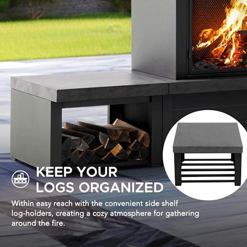 SUNJOY Outdoor Fireplace with Wood Storage and Chimney, Steel Wood Burning Firepit with Mesh Spark Screen Door, Fire Poker, Fireplace Tool & PVC Cover, for Patio Garden Deck Backyard, Black/Dark Gray 6