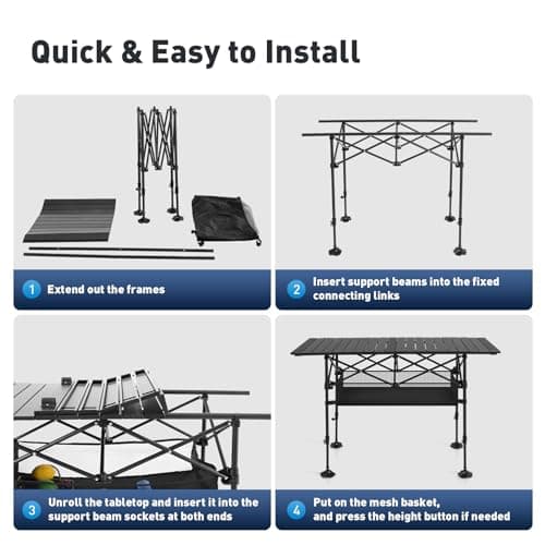 ALPHA CAMP Folding Camping Table, Portable Roll-up Table with Adjustable Height, Large Storage Bag and Carrying Bag, Tall Aluminum Table for Indoor & Outdoor Picnic BBQ Backyards Beach 7
