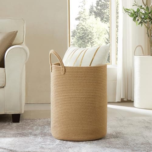MOJOSCEND 15Dx20H inches Jute Woven Hamper Laundry Basket Wicker Rope Clothes Hamper for Baby Nursery Kids Tall Rattan Blanket Basket in Living Room Bedroom 62L Large Capacity 7