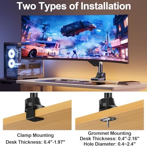 ErgoFocus Single Monitor Desk Mount for Max 49", Premium Arm Hold up to 33lbs Ultrawide Computer Screens, Full Motion Gas Spring Heavy Duty Adjustable VESA 75x75/100x100mm 7