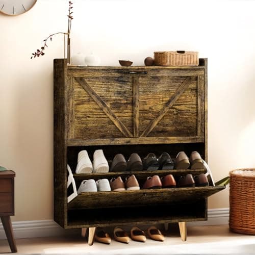JOKOLO Shoe Cabinet Storage,Farmhouse Freestanding Organizer with 2 Flip Drawers and 4 Wooden feet,Narrow Shoe Rack Cabinet for Entryway,Rustic Brown 7