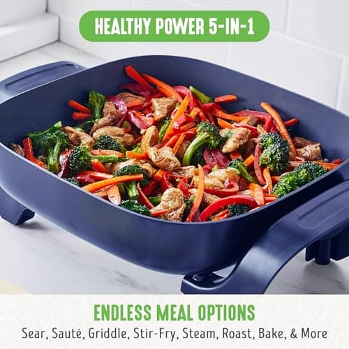GreenLife 12" 5QT Square Electric Skillet, Glass Vented Lid, Ceramic PFAS-Free Nonstick Coated Interior, Adjustable Temperature Control, Cool Touch Handles, Quick Even Heating, Scratch Resistant, Blue 4