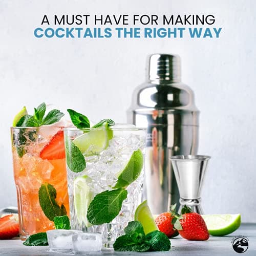 Blue River Water 24oz Cocktail Shaker Set - Martini Shaker w Built-in Drink Shaker Strainer, Muddler, Jigger, Mixing Spoon, Recipe Book for Bartending - Bar Shaker/Alcohol Shaker 6