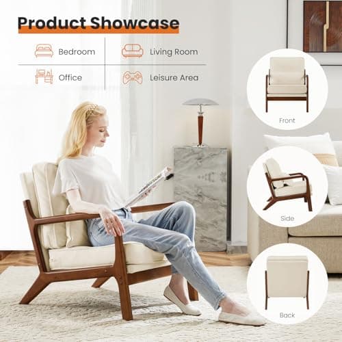 Sweetcrispy Accent Mid Century Modern Chair with Pillow, Upholstered Lounge Armchair, Linen Fabric Comfy Reading Chair with Wood Frame for Living Room, Bedroom, 1 Set, Beige 5