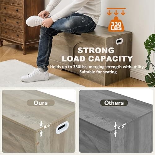 oakvivo Storage Chest, 31.5" Retro Wooden Storage Bench, Entryway Storage Trunk, Supports 330 lb, Upgraded Safety Lift Support Hinge, Entryway Bench, U-Shaped Opening for Entryway Living Room, Greige 8