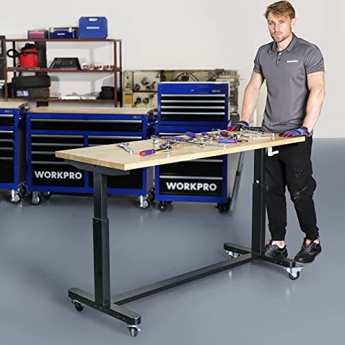WORKPRO 60” Height Adjustable Work Table with Crank Handle and Casters, 60” x 24” Wooden Top Standing Desk Workbench, Heights from 29”-38”, 500 Lbs Load Capacity for Garage 5