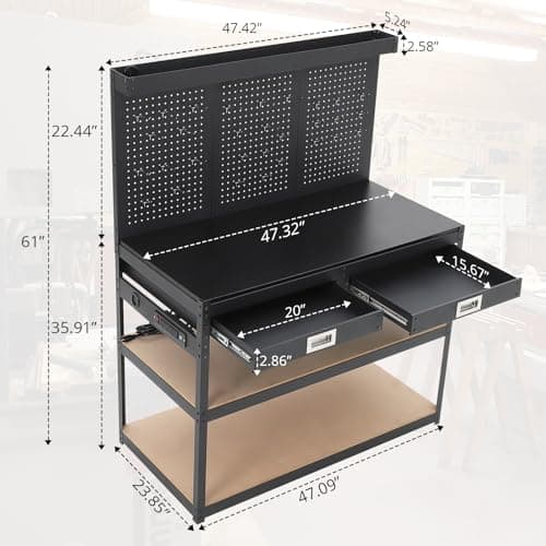 48" Work Bench, Heavy Duty Steel Workbench with Pegboard,3 Storage Shelves Workbench with Drawers and 30 Hanging Accessories, 1000lb Hardwood Work Benches for Garage, Workshop, Basement 6