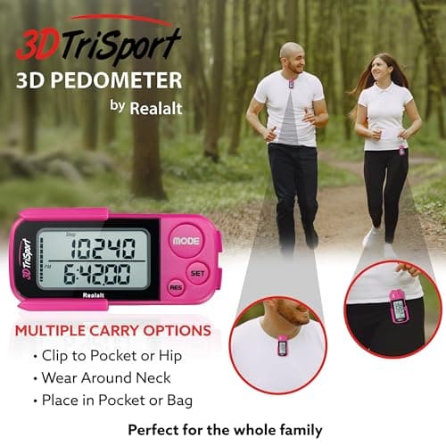 Realalt 3DTriSport 3D Walking Pedometer with Clip & Strap, Accurate Step Counter with 30-Day Memory, Distance in Miles/KM Large Display Perfect for Seniors & Beginners eBook Included - Magenta 5