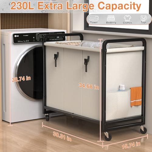 60 Gal (230L) Laundry Sorter 3 Section with Lid, Laundry Hamper Cart with Heavy Duty Rolling Lockable Wheels and Metal Handle,Laundry Basket Organizer with Removable Bag for Laundry Room - White 6