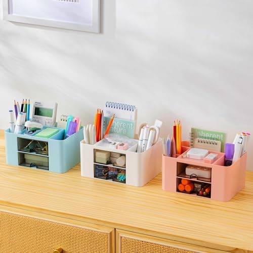 Moikiwi Desk Organizer with 2 Drawers, Pencil Pen Holder for Desk, Cute Desk Accessories with Plastic, Office Supplies for Countop, White 5