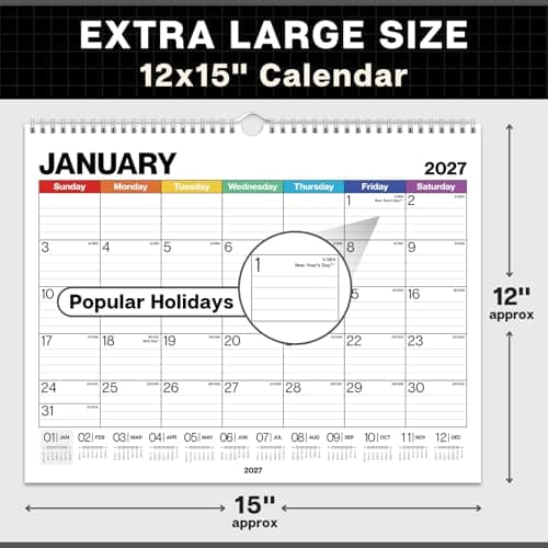 Dunwell 12x15 Wall Academic Calendar 2026-2027 (Colorful), Use July 2026 to December 2027, Large Lined 12 x 15 Monthly Hanging Calendar, Professional Styling for Home Office or School, Premium Paper 3