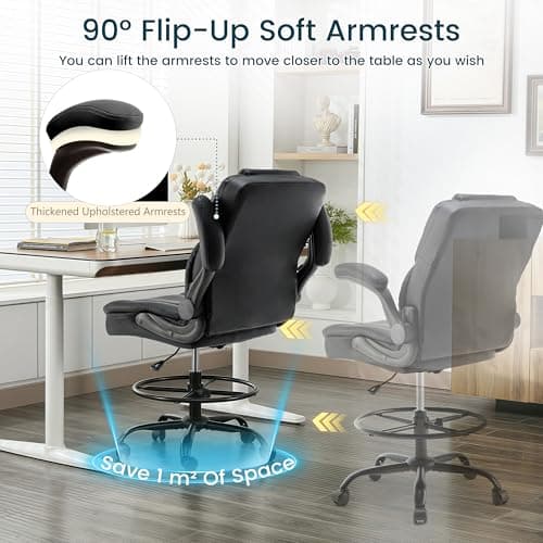 Drafting Chair 500Lbs, Tall Office Chair for Standing Desk, High PU Leather Executive Office Chair with Flip-up Armrests, Ergonomic High Chair with Adjustable Foot Ring, Comfy Stool Chairs, Black 6