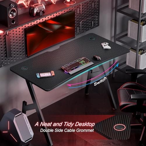 HLDIRECT 55 Inch Gaming Desk, Large Computer Desk Gaming Table with Cable Management, Ergonomic Carbon Fiber Gamer Table Pc Work Home Office Desks with Cup Holder & Headphone Hook & Mouse Pad, Black 6