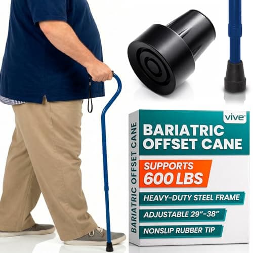 Vive Bariatric Walking Cane - Heavy Duty Adjustable Cane 29"-38”, Supports Up to 600lb - Ergonomic Offset Hand Grip - Walking Stick for Men, Women, Senior, Adult - 3/4 Inch Rubber, Weighs 2.5 lbs