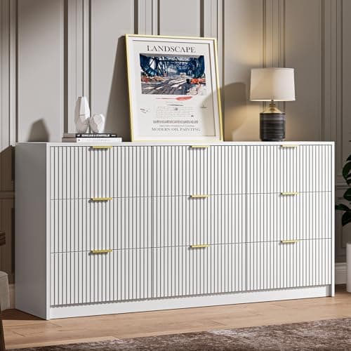 MAISONARIA White 9 Drawer Dresser for Bedroom, 63" Wide Modern Fluted Dresser with Gold Metal Handles, Chest of Drawers for Bedroom, Living Room, Entryway, Hallway 8