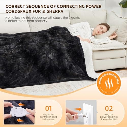 HYLEORY Electric Heated Throw Blanket - Soft Thick Faux Fur Heating Blanket with 5 Heat Levels & Auto-Off 3 Hrs, Fluffy Flannel Warm Christmas Blankets for Winter Bed,ETL Certification, Black 5