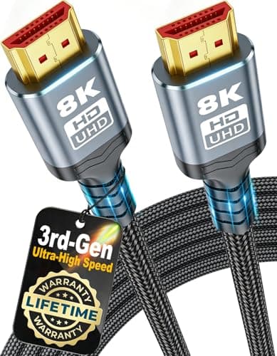 𝟑𝐫𝐝 - 𝐆𝐞𝐧 10K 8K HDMI Cable 2.1, 1.5FT 3.3FT 5FT 6.6FT 10FT 13FT 16FT 20FT 25FT, 48Gbps Gold-Plated Ultra High Speed Military Grade Nylon Braided HDMI Cord 8K@60Hz /4K@120Hz, HDCP 2.2&2.3(1.5FT)
