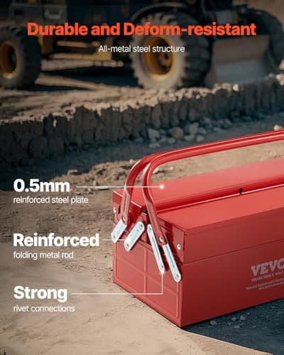 VEVOR Metal Tool Box, 14-inch, 2-Tier 3-Tray Portable Folding Tool Chest Organizer with Handle & Lock Hole, Powder Coated Steel, Cantilever Toolbox for Household Factory Warehouse Repair Shop, Red 6