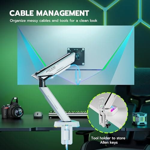 ARES WING RGB Single Monitor Arm Desk Mount for 17-45 inches Flat and Curved Monitors, Holds 35.2 lbs Heavy Duty, Adjustable Ultrawide Monitor Arm with Clamp & Grommet Base, 75/100 VESA Mount, White 6