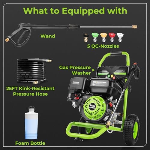 Professional 4200PSI 4GPM 212CC Gas Pressure Washer, 7.0 HP Commercial Gas Power Washer with 1L Foam Bottle 9" Wheels 5 Nozzles 25FT Hose for Home Car Fence Driveway (EPA/CARB/ETL Compliant), Green 8