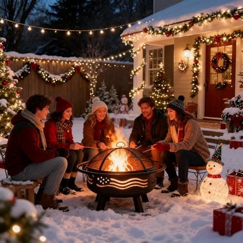 Breezz 32 Inch American Flag Fire Pit with Mesh Cover & Poker, Round Metal Wood Burning Outdoor Firepit for Patio, Garden, Backyard, Bonfire, Ideal for 4th of July, Memorial Day, Christmas 6