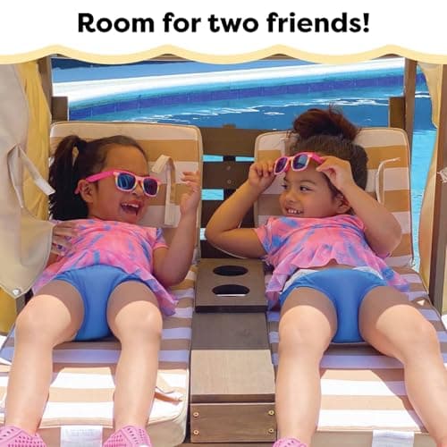 KidKraft Wooden Outdoor Double Chaise Lounge with Cup Holders, Patio Furniture for Kids or Pets, Espresso with Oatmeal and White Striped Fabric 9