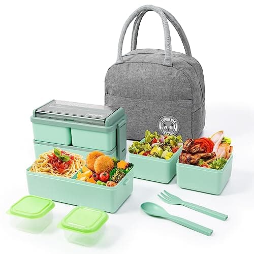 Housmile Bento Box Kit, Stackable Lunch Box with Containers Included, Built-in Spoon Fork, Sauce Box, BPA-Free, Microwave Safe, Leak-Proof Bento Lunch Box for Work, Picnic