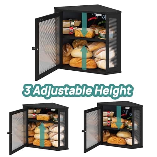 viewcare Corner Bread Box for Kitchen Counter, Bamboo Wood Black Bread Box, Large Capacity Bread Storage Bin with Acrylic Wavy Door Panel (Black, Meduim) 6