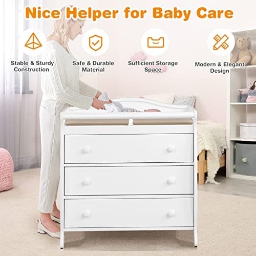 Costzon 3-Drawer Changing Table, Infant Diaper Changing Station with Drawers, Safety Rails & Strap, Baby Changing Table Dresser for Nursery, Easy Assembly (White) 8