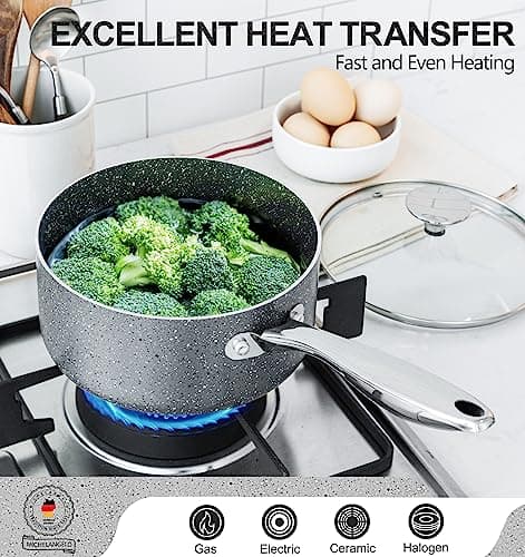 MICHELANGELO Sauce Pan with Lid, Granite Saucepans with Lids, 1Qt & 2Qt & 3Qt Sauce Pan Sets, Nonstick Saucepan Set with Stainless Steel Handle, Oven Safe, Grey 5