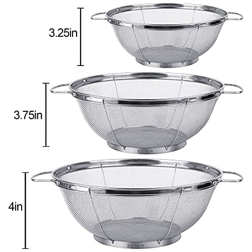 3 Pack 18/8 Stainless Steel Colander Sieves(5-Quart, 4-Quart and 3-Quart), Mesh Strainer Net Baskets with Handles & Resting Base for Strain, Drain, Rinse or Steam 5