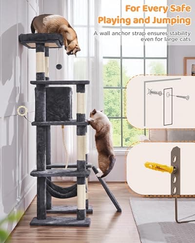Yaheetech Large Multi-Level Cat Tree, 63 Inches Tall with Sisal-Covered Scratching Posts, Condo, Hammock, Dangling Ball, and Extended Platform for Cats to Play and Sleep 9