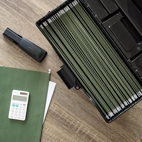 IRIS USA Portable File Box With Handle, Slim w/Organizer Lid, Plastic File Organizer Box for Letter Files, Hanging Filing Folder Organizer, Lockable, Secure Buckle, Black 7