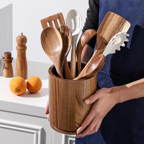 gorsent Wooden Utensil Holder, 360°Rotating 7.3'' Large Utensil Holder for Kitchen Counter, Kitchen Utensil Organizer, Utensil Crock, Farmhouse Kitchens Countertop Decor, Acacia Wood 7