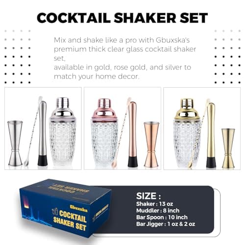 Gbuxska Gold Cocktail Shaker Set - Glass Cocktail Shaker with Strainer - Martini Shaker Set -Matching Cocktail Jigger & Bar Spoon with Muddler – Bartender Kit for Home Bar 2