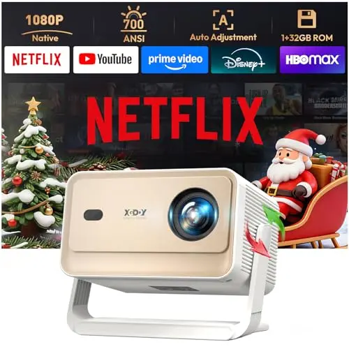 【Compatible with Netflix & Auto Focus】Xgody Gimbal N6 PRO 700 ANSI Native 1080P Smart Projector with WiFi 6 and Bluetooth, 4D Auto Keystone & Voice Controll Portable 4K Support FHD Home Projector
