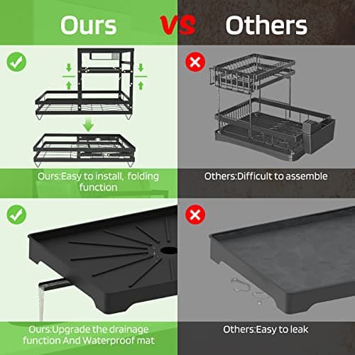 BBXTYLY Large Dish Drying Rack, 2 Tier Collapsible Dish Racks with Drainboard，Drainage, Wine Glass Holder, Utensil Holder and Extra Drying Mat, Dish Drainers for Kitchen Counter (Black) 5