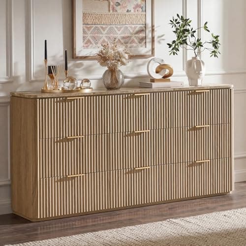 Dresser for Bedroom with 9 Drawers, 63"W Chest of Drawers, Fluted Dresser with Faux Marble Top, Curved Profile Design, Metal Handle, Wood Closet Storage Organizer for Living Room, Hallway, Natural Oak
