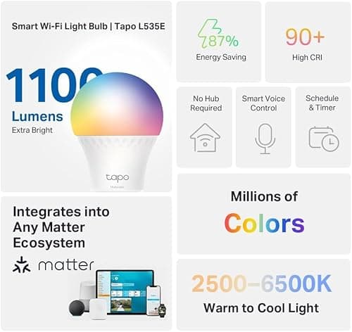 TP-Link Tapo Smart Light Bulbs, 1100 Lumens High Brightness(75W Equivalent), Matter-Certified, 16M Colors RGBW LED Bulb, Dimmable, CRI>90, Voice Control w/Siri, Alexa & Google Home, A19 E26 Tapo L535E 3