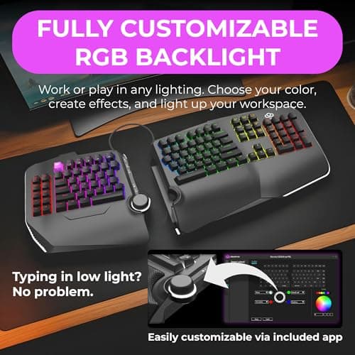 Cloud Nine C989 Ergonomic Mechanical Keyboard for PC - Kailh Linear Red Switches - RGB Light Up LED Backlit with USB - Ergo Split Key Board with Macro 7